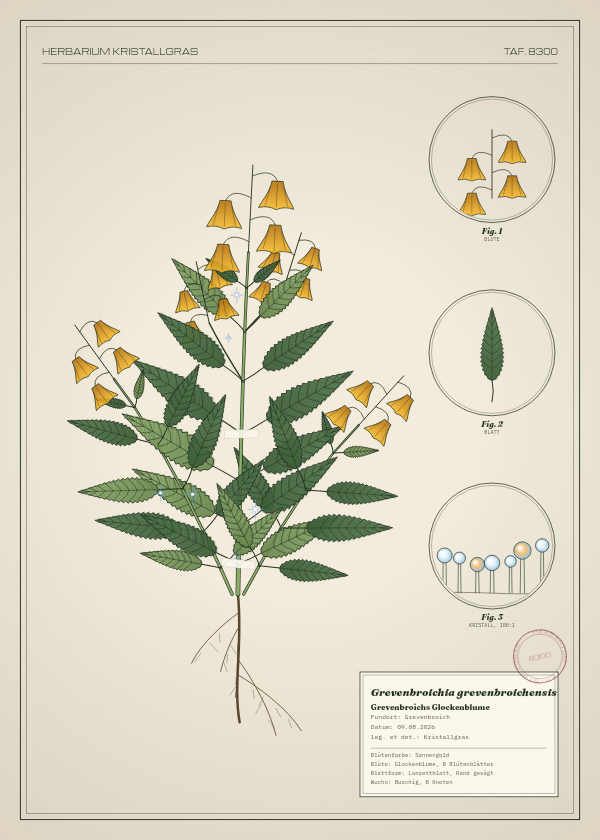 Botanische Tafel: Grevenbroichia grevenbroichensis, eine erfundene Pflanze aus Grevenbroich, gezeichnet wie in einem alten Pflanzenatlas