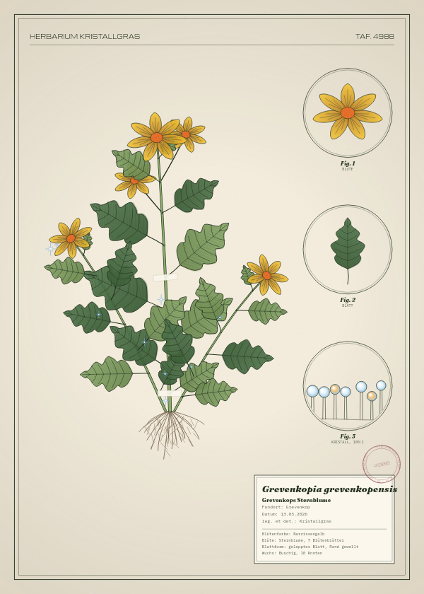 Botanische Tafel: Grevenkopia grevenkopensis, eine erfundene Pflanze aus Grevenkop, gezeichnet wie in einem alten Pflanzenatlas