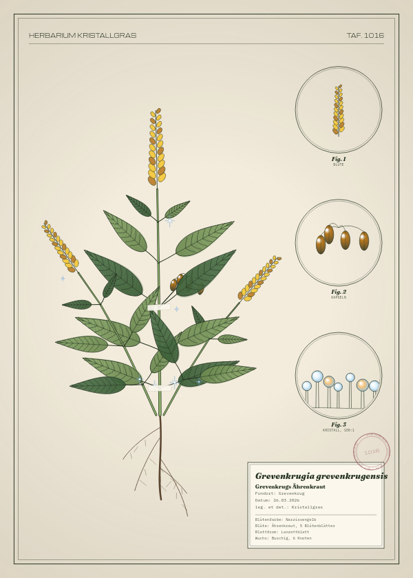 Botanische Tafel: Grevenkrugia grevenkrugensis, eine erfundene Pflanze aus Grevenkrug, gezeichnet wie in einem alten Pflanzenatlas