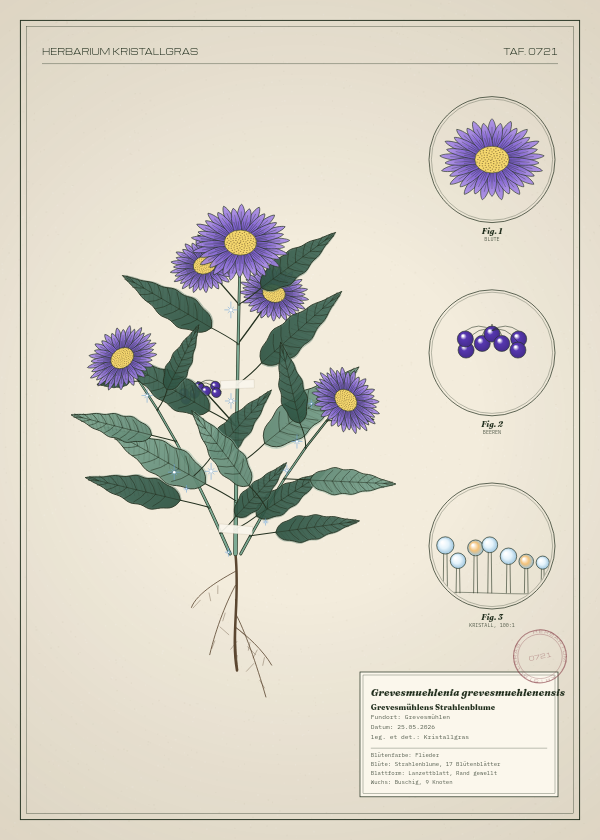 Botanische Tafel: Grevesmuehlenia grevesmuehlenensis, eine erfundene Pflanze aus Grevesmühlen, gezeichnet wie in einem alten Pflanzenatlas