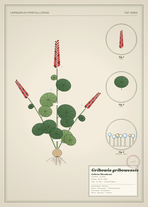 Botanische Tafel: Gribowia gribowensis, eine erfundene Pflanze aus Gribow, gezeichnet wie in einem alten Pflanzenatlas