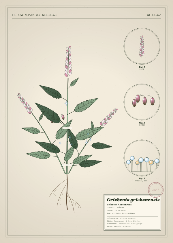 Botanische Tafel: Griebenia griebenensis, eine erfundene Pflanze aus Grieben, gezeichnet wie in einem alten Pflanzenatlas