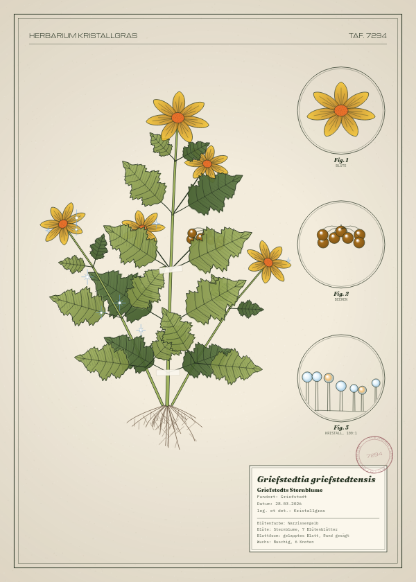 Botanische Tafel: Griefstedtia griefstedtensis, eine erfundene Pflanze aus Griefstedt, gezeichnet wie in einem alten Pflanzenatlas