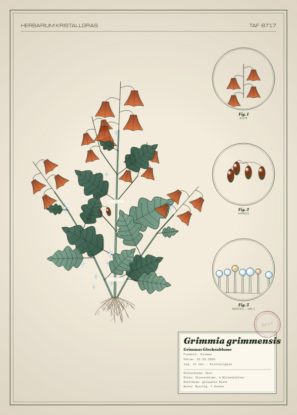 Botanische Tafel: Grimmia grimmensis, eine erfundene Pflanze aus Grimma, gezeichnet wie in einem alten Pflanzenatlas