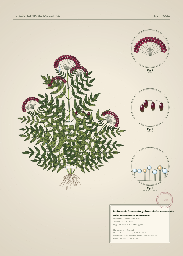 Botanische Tafel: Grimmelshausenia grimmelshausenensis, eine erfundene Pflanze aus Grimmelshausen, gezeichnet wie in einem alten Pflanzenatlas