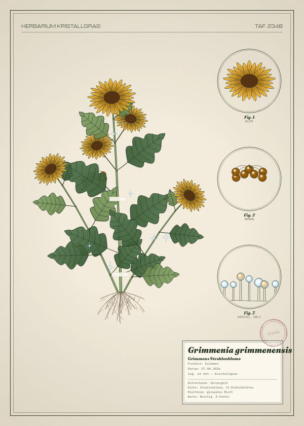 Botanische Tafel: Grimmenia grimmenensis, eine erfundene Pflanze aus Grimmen, gezeichnet wie in einem alten Pflanzenatlas