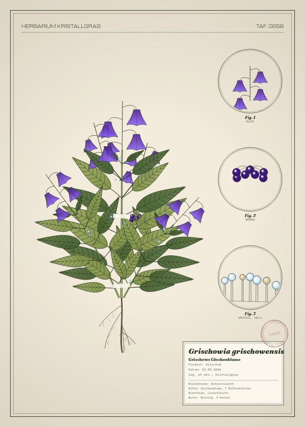 Botanische Tafel: Grischowia grischowensis, eine erfundene Pflanze aus Grischow, gezeichnet wie in einem alten Pflanzenatlas