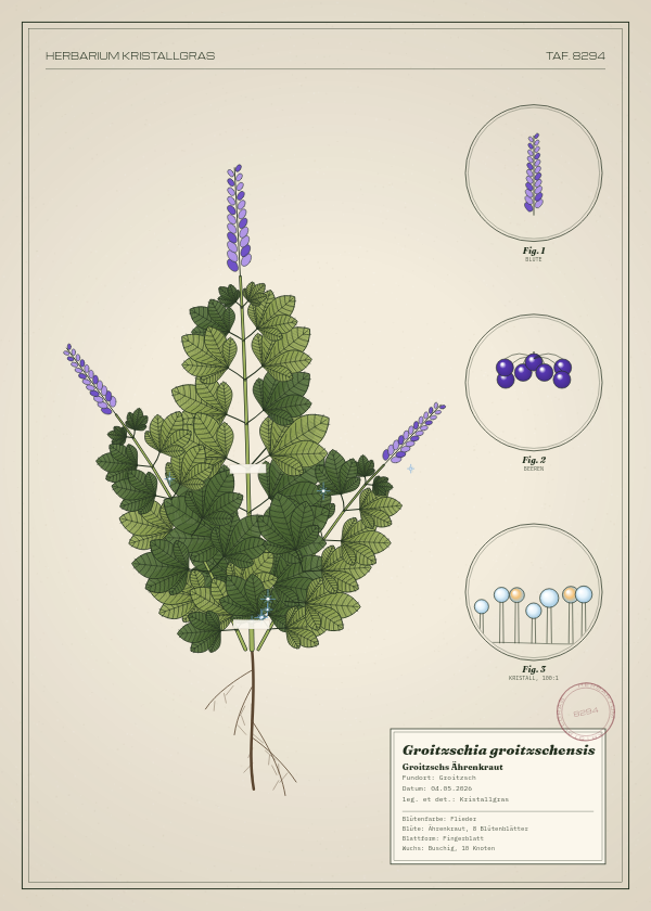 Botanische Tafel: Groitzschia groitzschensis, eine erfundene Pflanze aus Groitzsch, gezeichnet wie in einem alten Pflanzenatlas