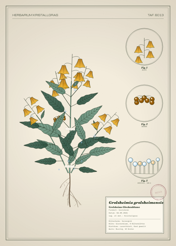 Botanische Tafel: Grolsheimia grolsheimensis, eine erfundene Pflanze aus Grolsheim, gezeichnet wie in einem alten Pflanzenatlas