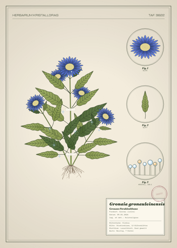 Botanische Tafel: Gronaia gronauleinensis, eine erfundene Pflanze aus Gronau (Leine), gezeichnet wie in einem alten Pflanzenatlas