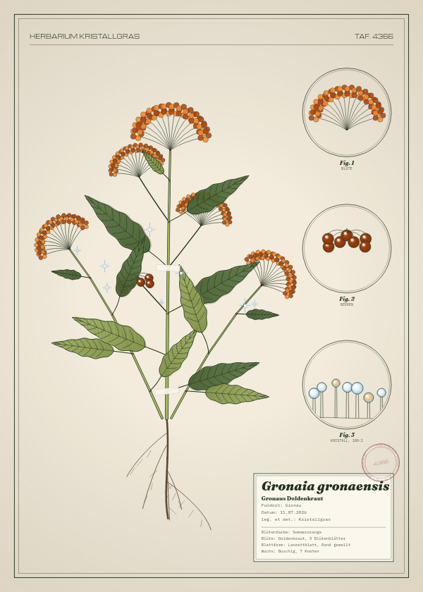 Botanische Tafel: Gronaia gronaensis, eine erfundene Pflanze aus Gronau, gezeichnet wie in einem alten Pflanzenatlas