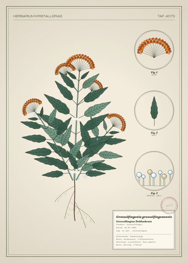 Botanische Tafel: Grosselfingenia grosselfingenensis, eine erfundene Pflanze aus Grosselfingen, gezeichnet wie in einem alten Pflanzenatlas