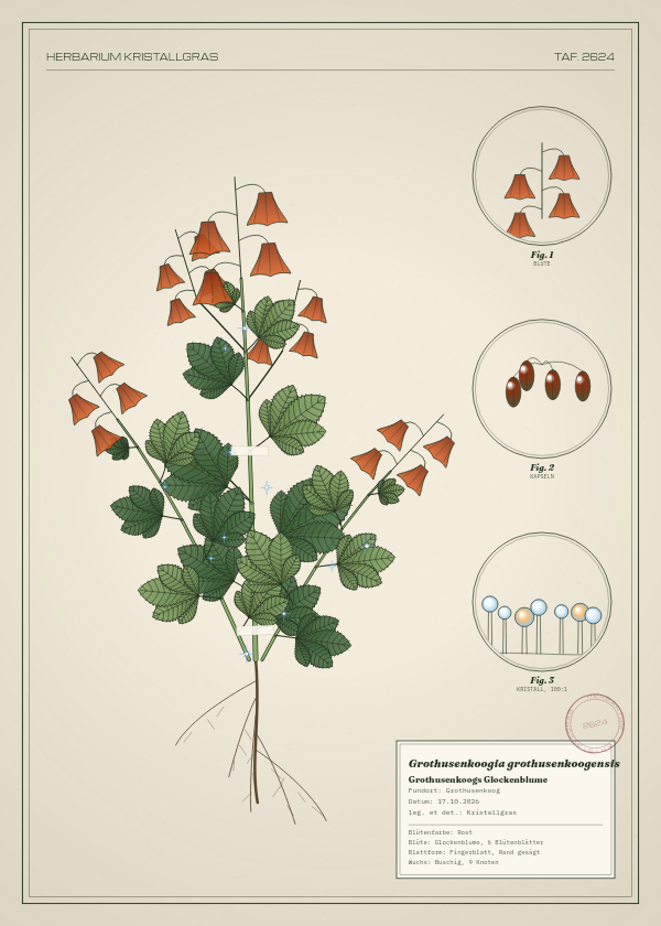 Botanische Tafel: Grothusenkoogia grothusenkoogensis, eine erfundene Pflanze aus Grothusenkoog, gezeichnet wie in einem alten Pflanzenatlas