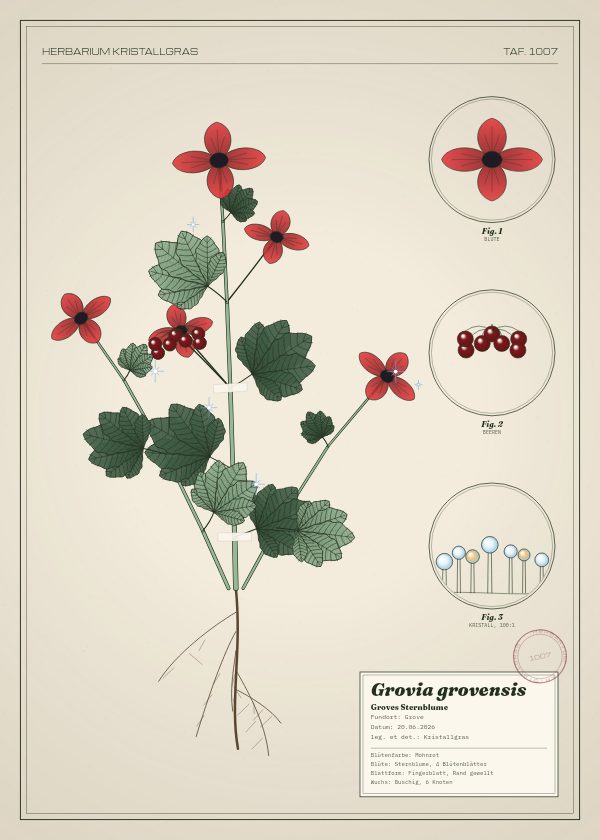 Botanische Tafel: Grovia grovensis, eine erfundene Pflanze aus Grove, gezeichnet wie in einem alten Pflanzenatlas