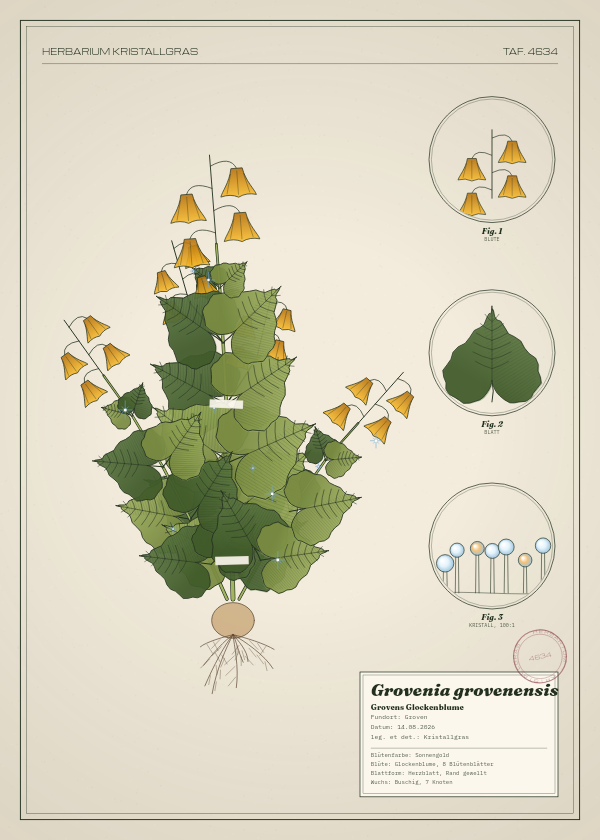 Botanische Tafel: Grovenia grovenensis, eine erfundene Pflanze aus Groven, gezeichnet wie in einem alten Pflanzenatlas