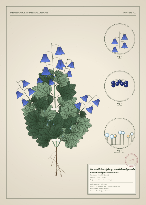 Botanische Tafel: Grossthiemigia grossthiemigensis, eine erfundene Pflanze aus Großthiemig, gezeichnet wie in einem alten Pflanzenatlas