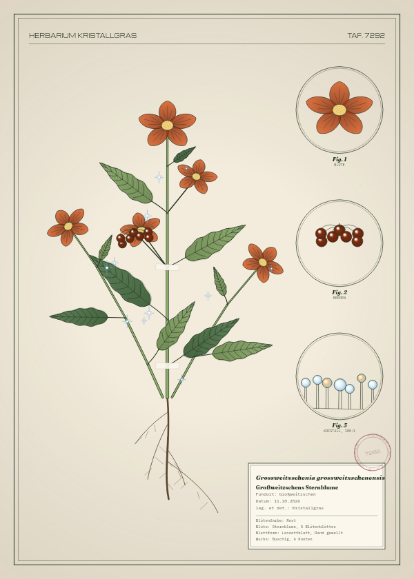 Botanische Tafel: Grossweitzschenia grossweitzschenensis, eine erfundene Pflanze aus Großweitzschen, gezeichnet wie in einem alten Pflanzenatlas