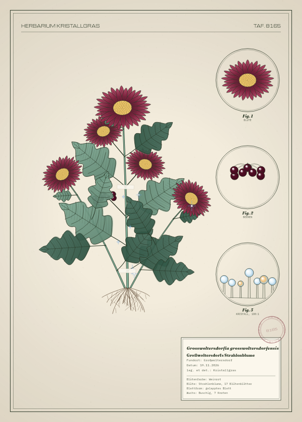 Botanische Tafel: Grosswoltersdorfia grosswoltersdorfensis, eine erfundene Pflanze aus Großwoltersdorf, gezeichnet wie in einem alten Pflanzenatlas