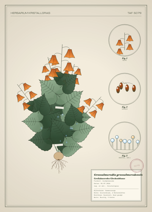 Botanische Tafel: Grossalmerodia grossalmerodensis, eine erfundene Pflanze aus Großalmerode, gezeichnet wie in einem alten Pflanzenatlas