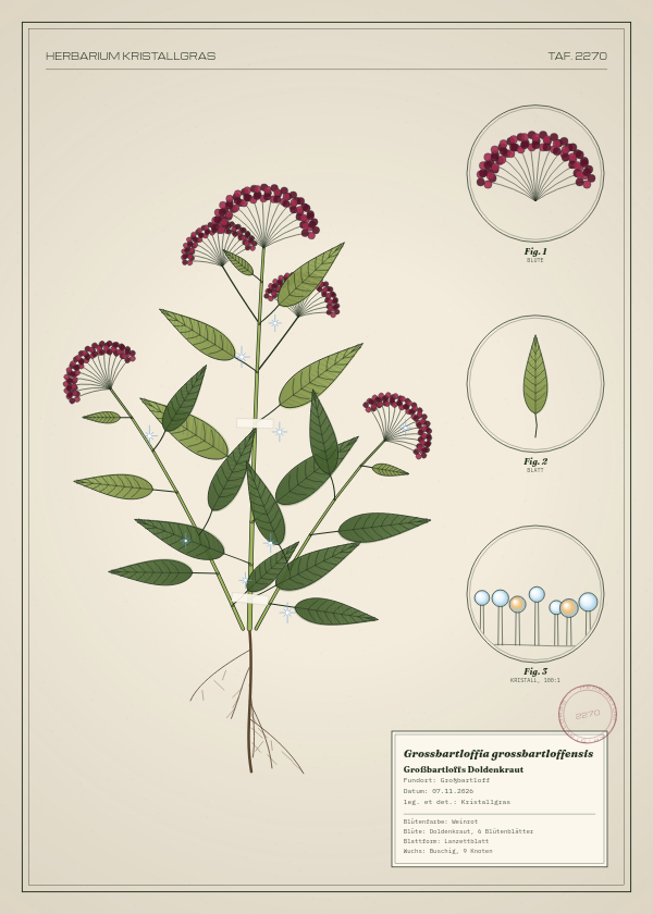Botanische Tafel: Grossbartloffia grossbartloffensis, eine erfundene Pflanze aus Großbartloff, gezeichnet wie in einem alten Pflanzenatlas