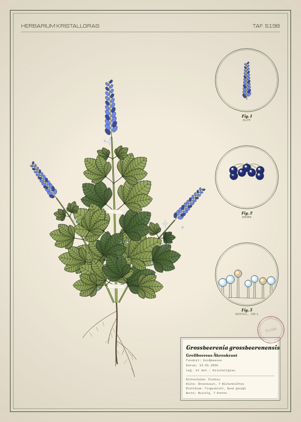 Botanische Tafel: Grossbeerenia grossbeerenensis, eine erfundene Pflanze aus Großbeeren, gezeichnet wie in einem alten Pflanzenatlas