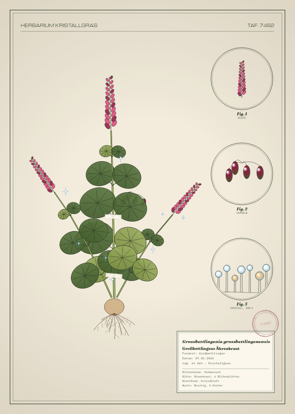 Botanische Tafel: Grossbettlingenia grossbettlingenensis, eine erfundene Pflanze aus Großbettlingen, gezeichnet wie in einem alten Pflanzenatlas