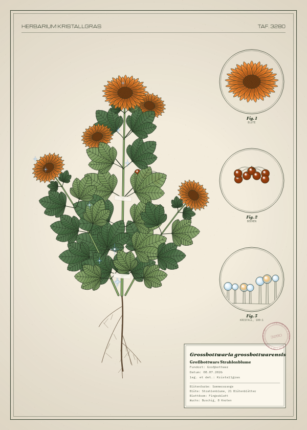 Botanische Tafel: Grossbottwaria grossbottwarensis, eine erfundene Pflanze aus Großbottwar, gezeichnet wie in einem alten Pflanzenatlas