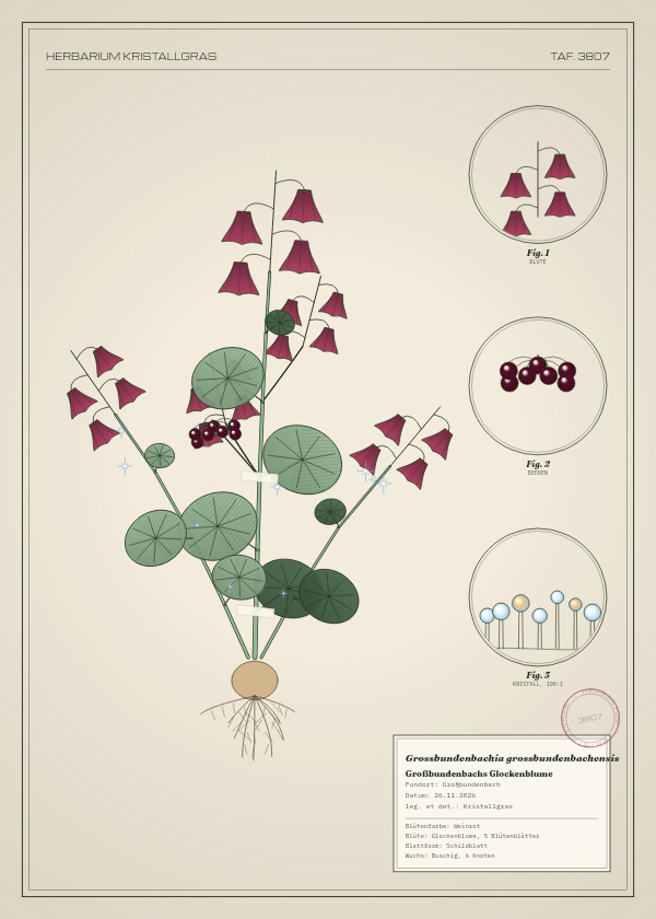 Botanische Tafel: Grossbundenbachia grossbundenbachensis, eine erfundene Pflanze aus Großbundenbach, gezeichnet wie in einem alten Pflanzenatlas