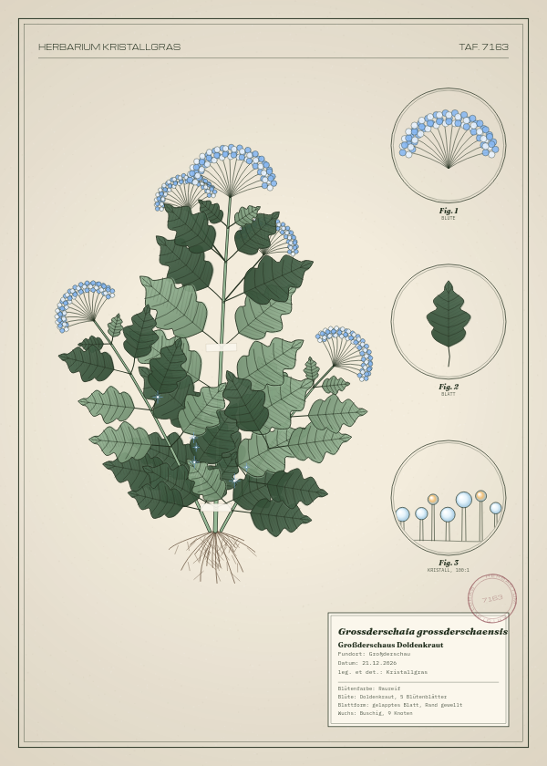 Botanische Tafel: Grossderschaia grossderschaensis, eine erfundene Pflanze aus Großderschau, gezeichnet wie in einem alten Pflanzenatlas