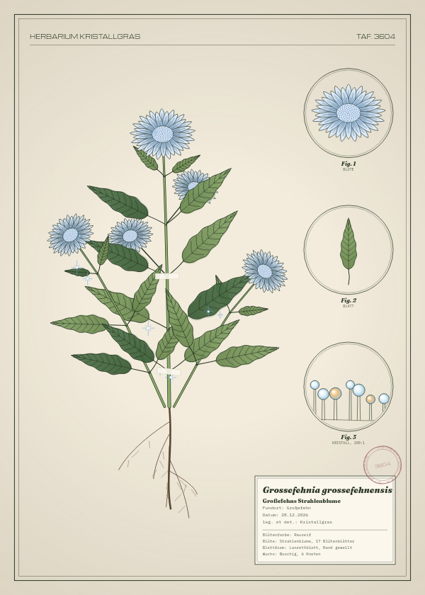 Botanische Tafel: Grossefehnia grossefehnensis, eine erfundene Pflanze aus Großefehn, gezeichnet wie in einem alten Pflanzenatlas