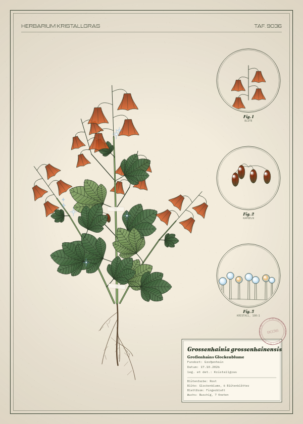 Botanische Tafel: Grossenhainia grossenhainensis, eine erfundene Pflanze aus Großenhain, gezeichnet wie in einem alten Pflanzenatlas