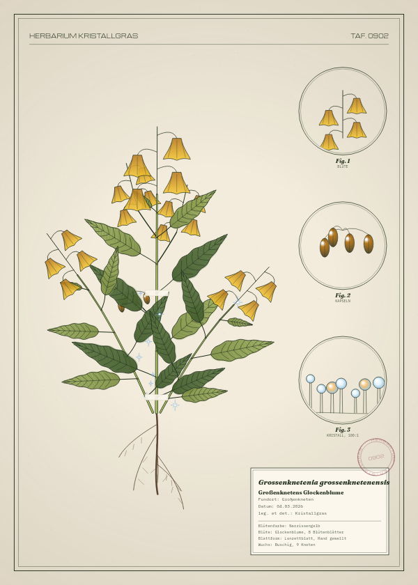 Botanische Tafel: Grossenknetenia grossenknetenensis, eine erfundene Pflanze aus Großenkneten, gezeichnet wie in einem alten Pflanzenatlas