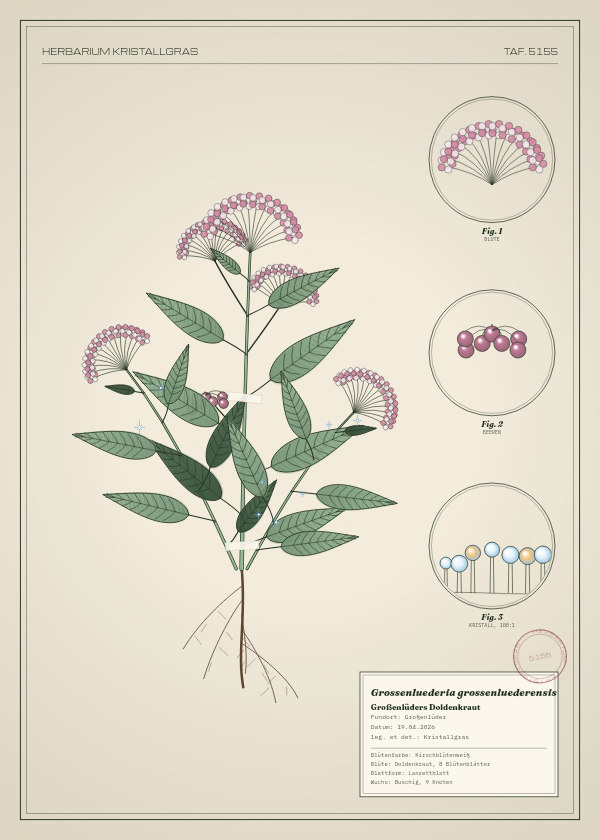 Botanische Tafel: Grossenluederia grossenluederensis, eine erfundene Pflanze aus Großenlüder, gezeichnet wie in einem alten Pflanzenatlas
