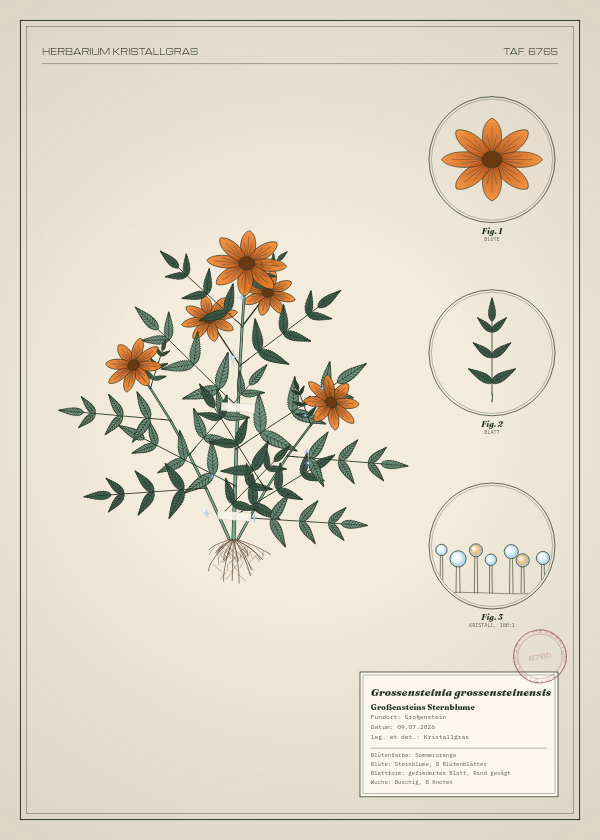 Botanische Tafel: Grossensteinia grossensteinensis, eine erfundene Pflanze aus Großenstein, gezeichnet wie in einem alten Pflanzenatlas