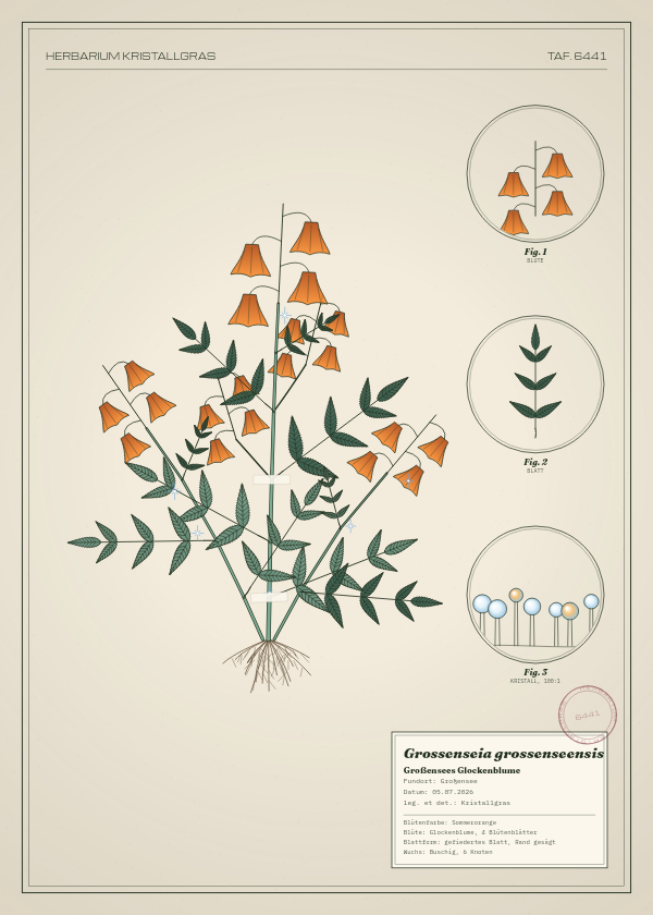Botanische Tafel: Grossenseia grossenseensis, eine erfundene Pflanze aus Großensee, gezeichnet wie in einem alten Pflanzenatlas
