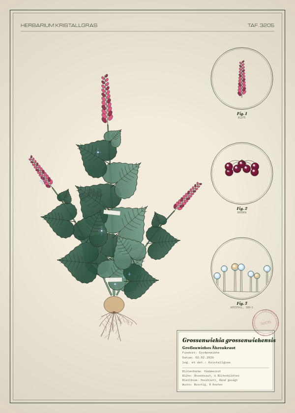 Botanische Tafel: Grossenwiehia grossenwiehensis, eine erfundene Pflanze aus Großenwiehe, gezeichnet wie in einem alten Pflanzenatlas