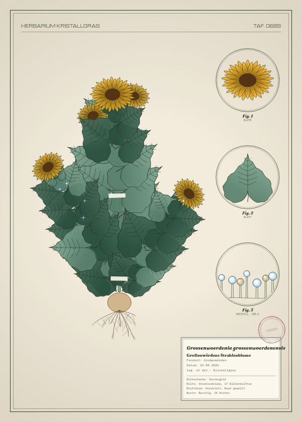 Botanische Tafel: Grossenwoerdenia grossenwoerdenensis, eine erfundene Pflanze aus Großenwörden, gezeichnet wie in einem alten Pflanzenatlas