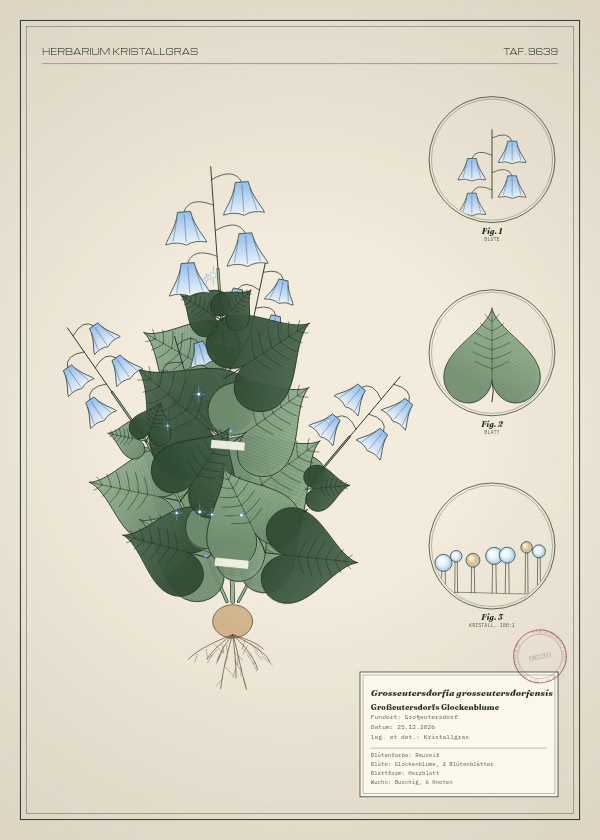 Botanische Tafel: Grosseutersdorfia grosseutersdorfensis, eine erfundene Pflanze aus Großeutersdorf, gezeichnet wie in einem alten Pflanzenatlas