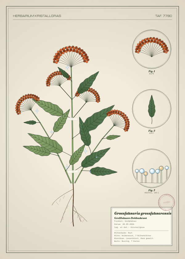 Botanische Tafel: Grossfahneria grossfahnerensis, eine erfundene Pflanze aus Großfahner, gezeichnet wie in einem alten Pflanzenatlas