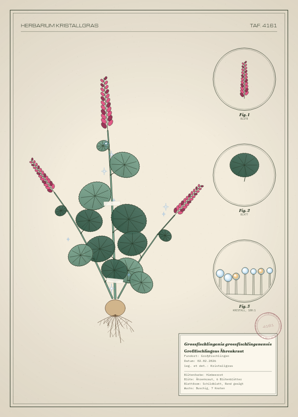 Botanische Tafel: Grossfischlingenia grossfischlingenensis, eine erfundene Pflanze aus Großfischlingen, gezeichnet wie in einem alten Pflanzenatlas