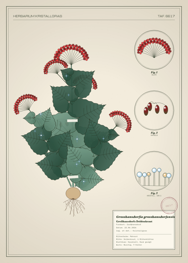 Botanische Tafel: Grosshansdorfia grosshansdorfensis, eine erfundene Pflanze aus Großhansdorf, gezeichnet wie in einem alten Pflanzenatlas