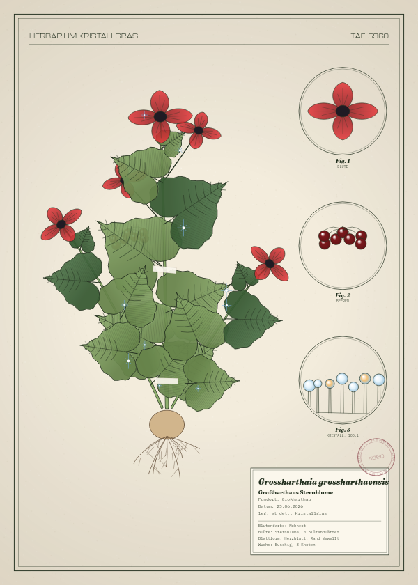 Botanische Tafel: Grossharthaia grossharthaensis, eine erfundene Pflanze aus Großharthau, gezeichnet wie in einem alten Pflanzenatlas