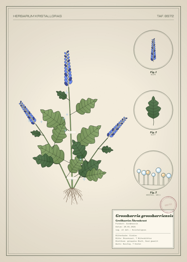 Botanische Tafel: Grossharria grossharriensis, eine erfundene Pflanze aus Großharrie, gezeichnet wie in einem alten Pflanzenatlas