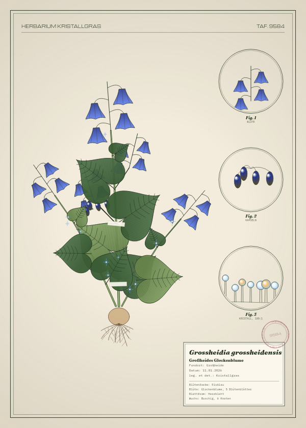 Botanische Tafel: Grossheidia grossheidensis, eine erfundene Pflanze aus Großheide, gezeichnet wie in einem alten Pflanzenatlas