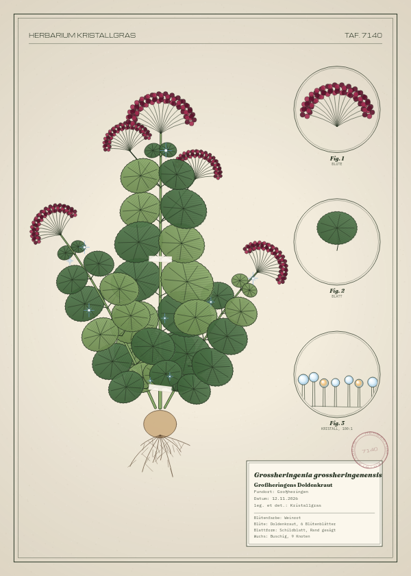 Botanische Tafel: Grossheringenia grossheringenensis, eine erfundene Pflanze aus Großheringen, gezeichnet wie in einem alten Pflanzenatlas