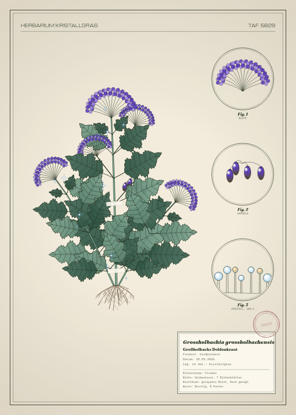 Botanische Tafel: Grossholbachia grossholbachensis, eine erfundene Pflanze aus Großholbach, gezeichnet wie in einem alten Pflanzenatlas