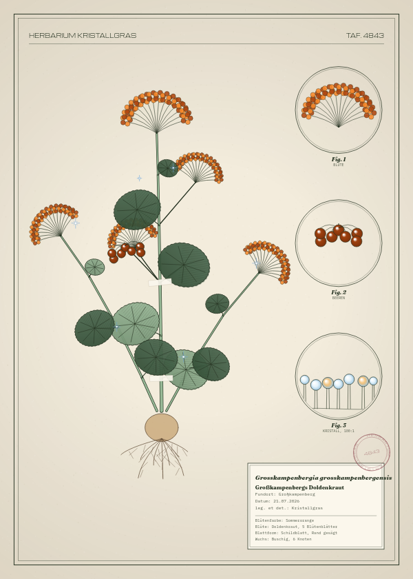 Botanische Tafel: Grosskampenbergia grosskampenbergensis, eine erfundene Pflanze aus Großkampenberg, gezeichnet wie in einem alten Pflanzenatlas