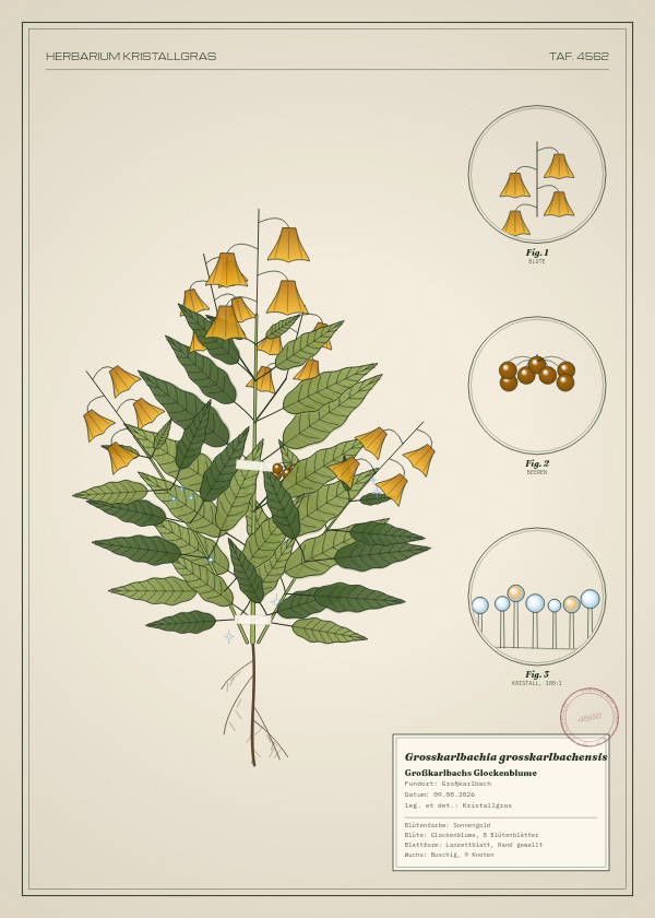 Botanische Tafel: Grosskarlbachia grosskarlbachensis, eine erfundene Pflanze aus Großkarlbach, gezeichnet wie in einem alten Pflanzenatlas