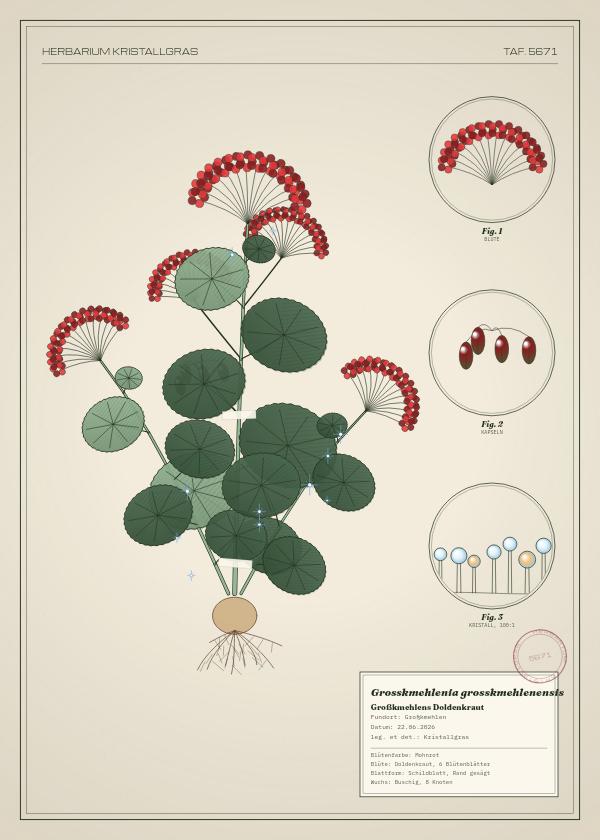 Botanische Tafel: Grosskmehlenia grosskmehlenensis, eine erfundene Pflanze aus Großkmehlen, gezeichnet wie in einem alten Pflanzenatlas