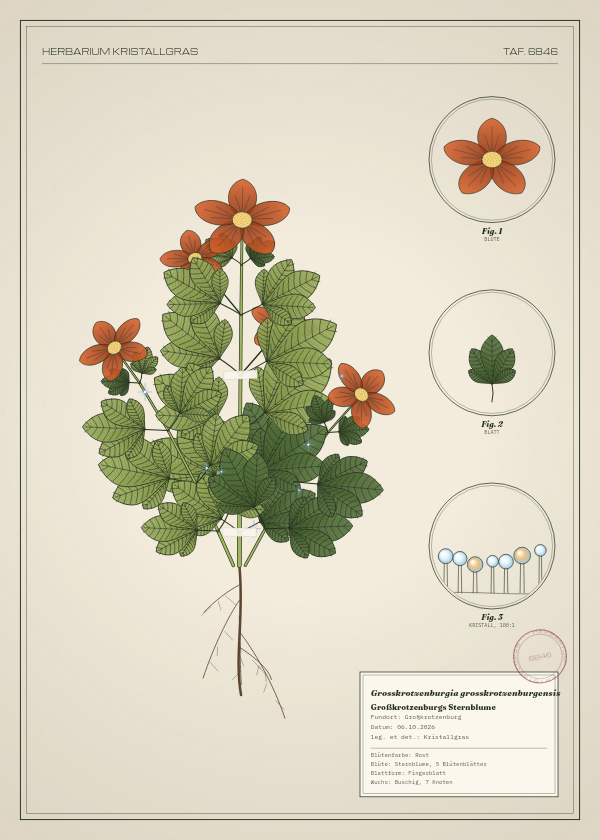 Botanische Tafel: Grosskrotzenburgia grosskrotzenburgensis, eine erfundene Pflanze aus Großkrotzenburg, gezeichnet wie in einem alten Pflanzenatlas